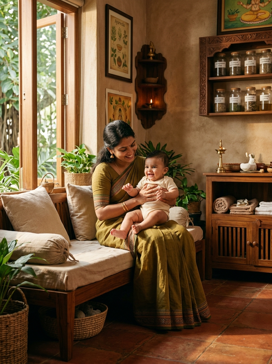 Mother and infant in a serene Ayurvedic setting